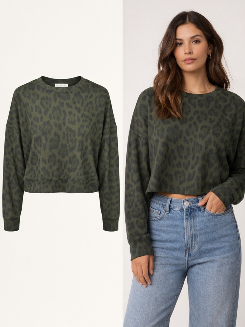 SOCIALITE | Green Leopard Print Cropped Sweatshirt | Long Sleeve | Size L